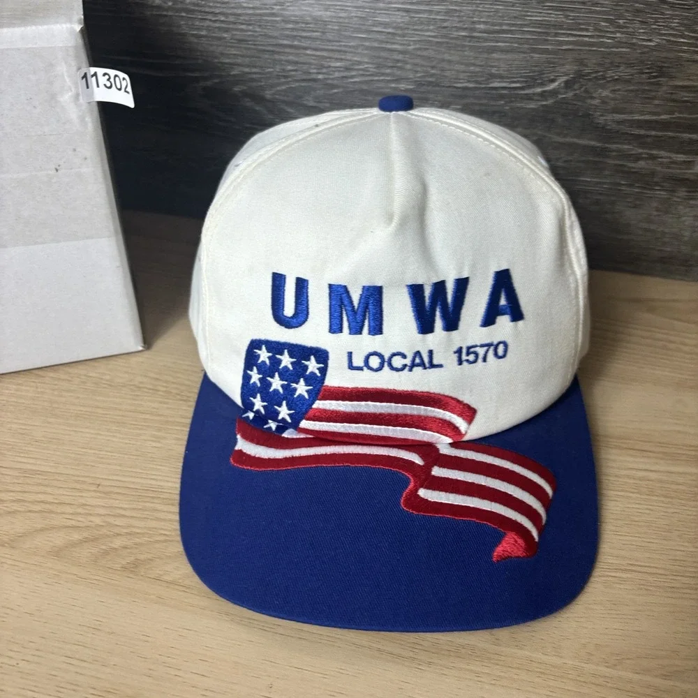 Vintage UMWA Hat Cap Snap Back White Blue Embroidered American Flag Union